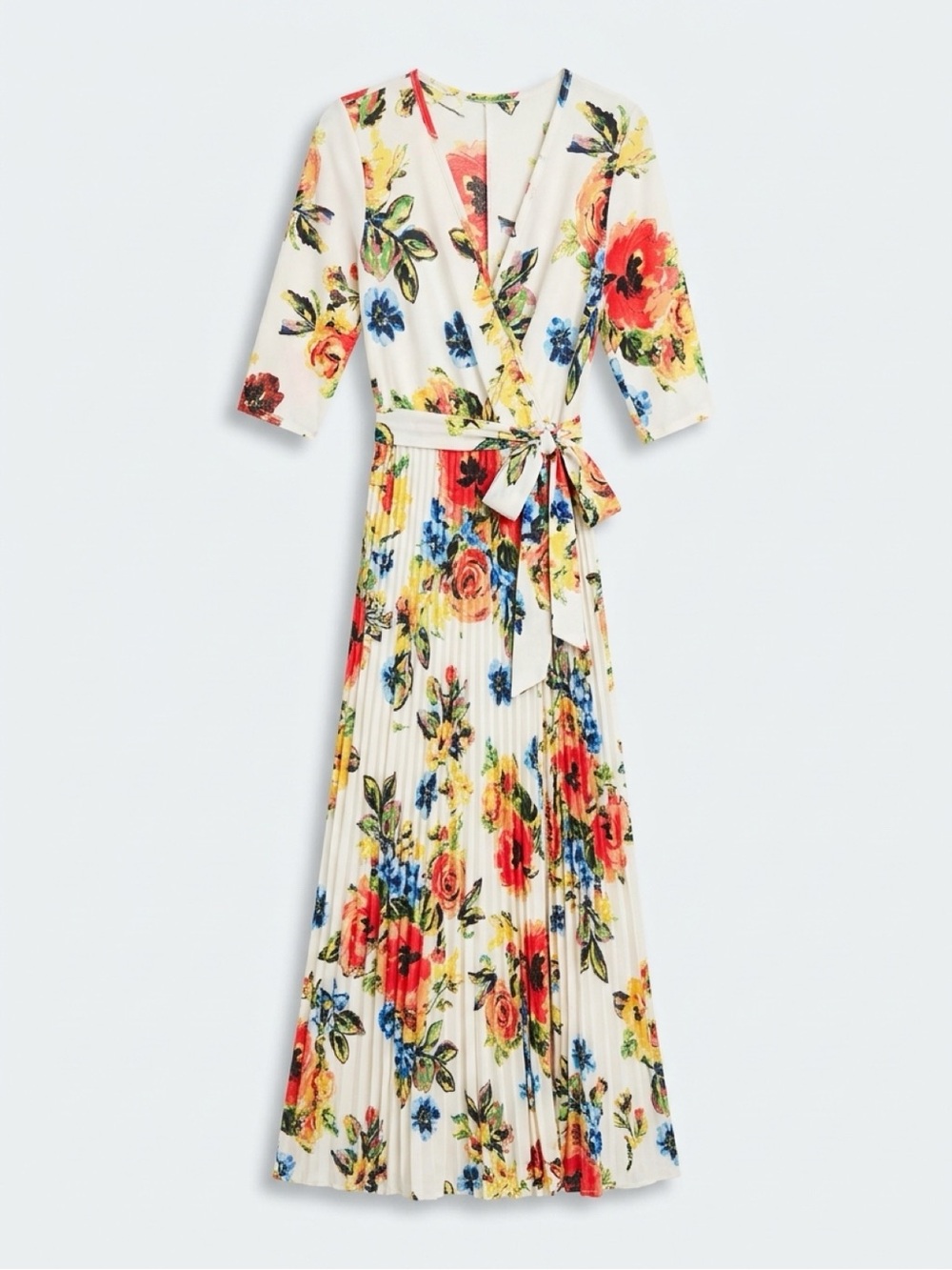 Floral Wrap Maxi Dress - White with Red & Blue Blooms